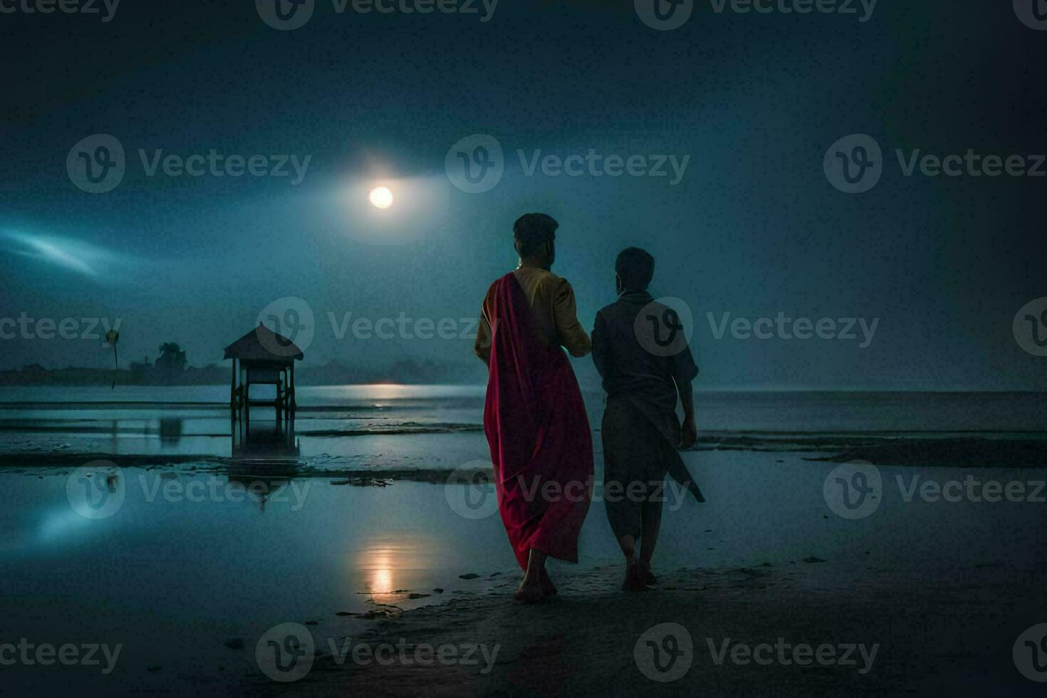 two people walking on the beach at night with a full moon. AI-Generated photo