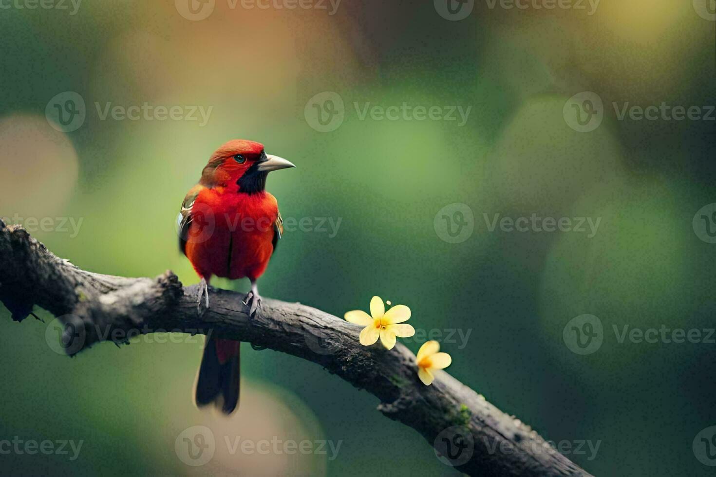 a red bird sits on a branch with a yellow flower. AI-Generated photo
