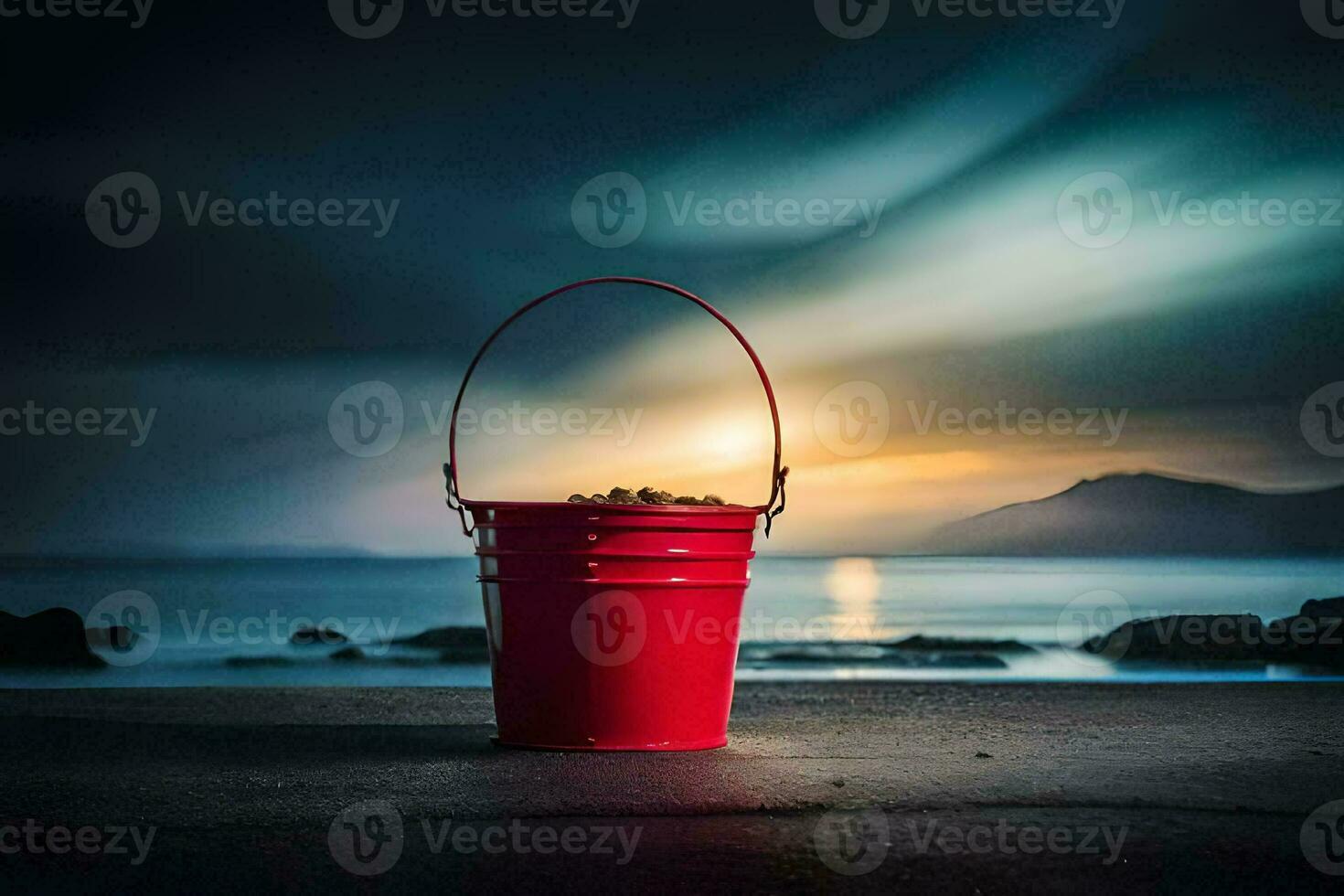 un rojo Cubeta sentado en el playa a puesta de sol. generado por ai foto