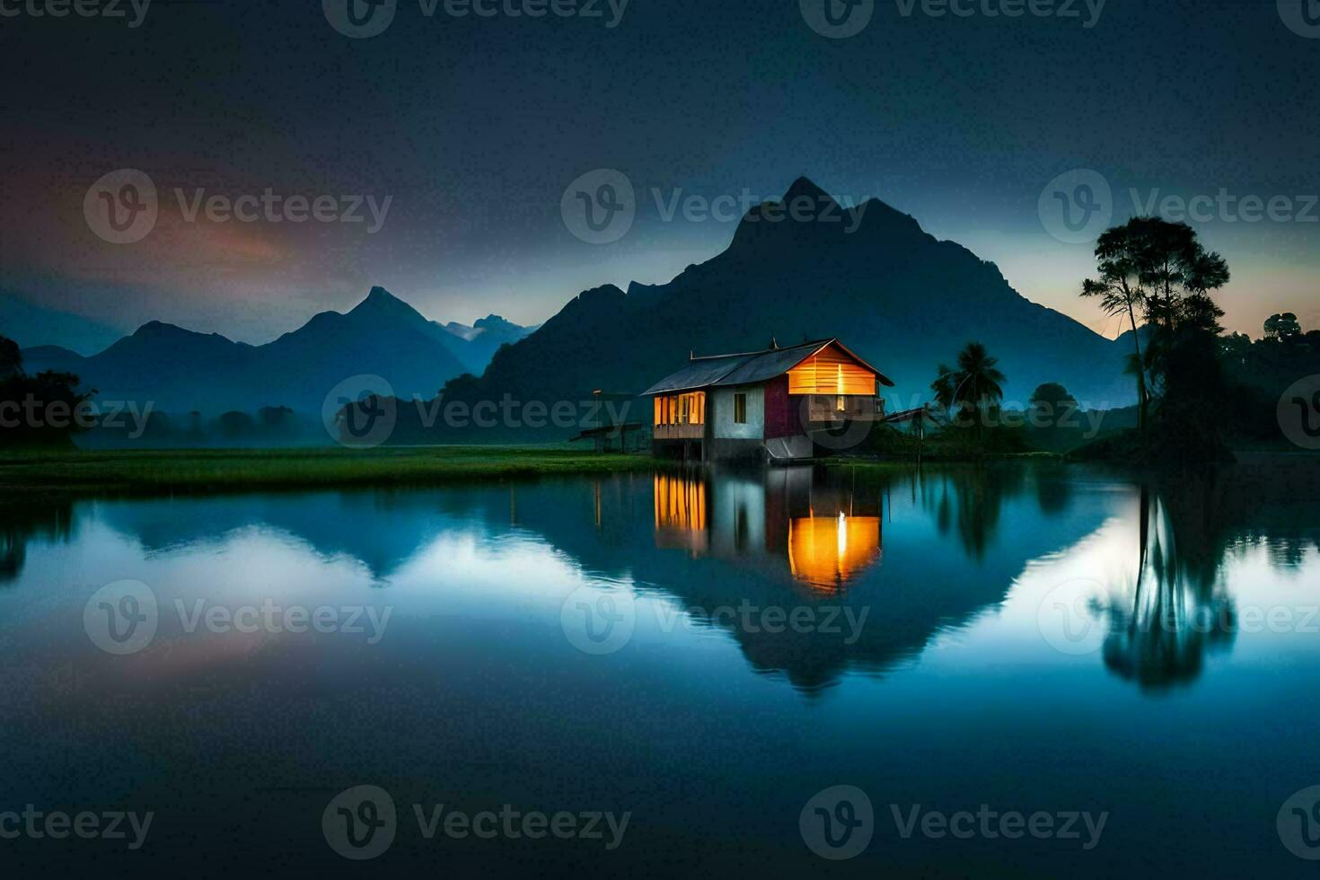 a small house sits on the edge of a lake at dusk. AI-Generated photo