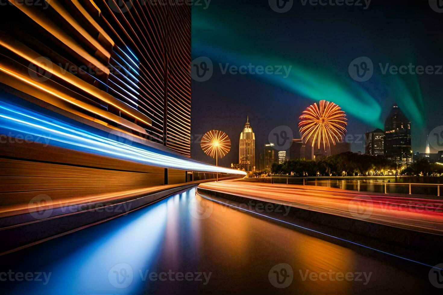 a long exposure photograph of fireworks in the city. AI-Generated photo