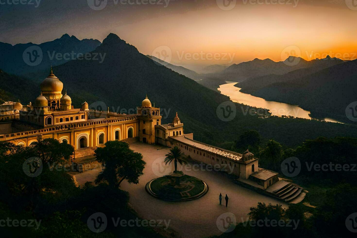 the sunset over the lake and mountains in india. AI-Generated photo