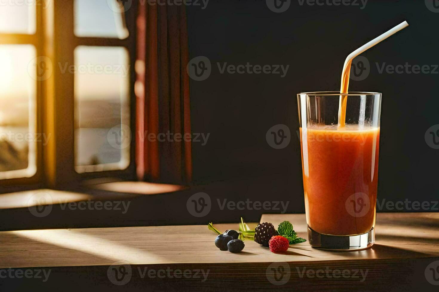 a glass of juice with berries and a straw. AI-Generated photo