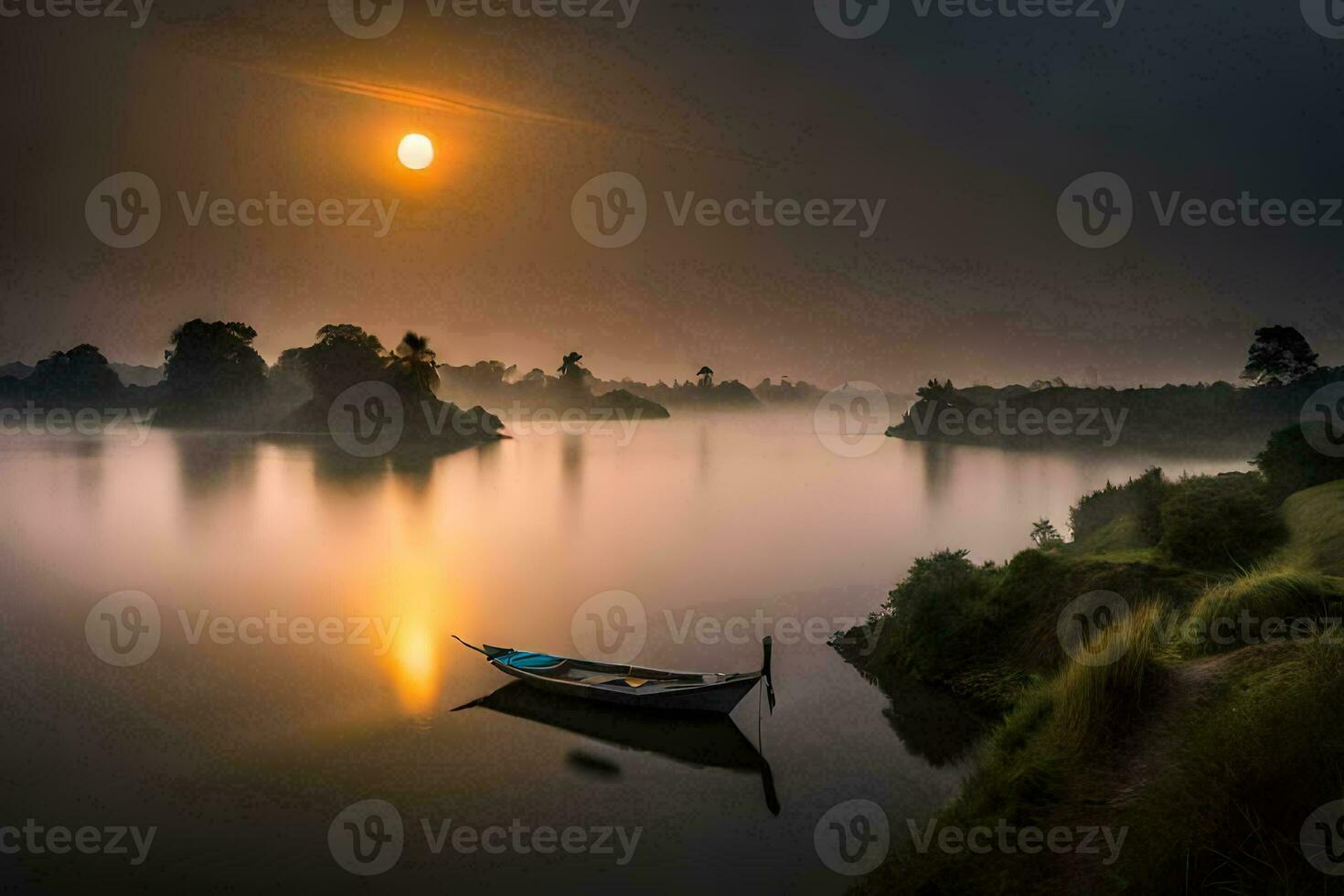 a boat is floating on the water at sunrise. AI-Generated photo