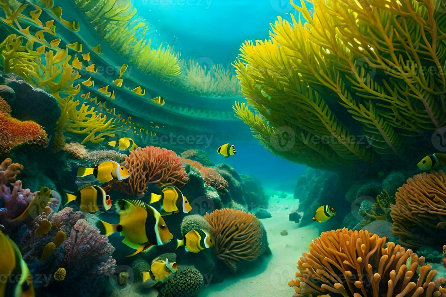 a colorful underwater scene with coral and fish. AI-Generated photo