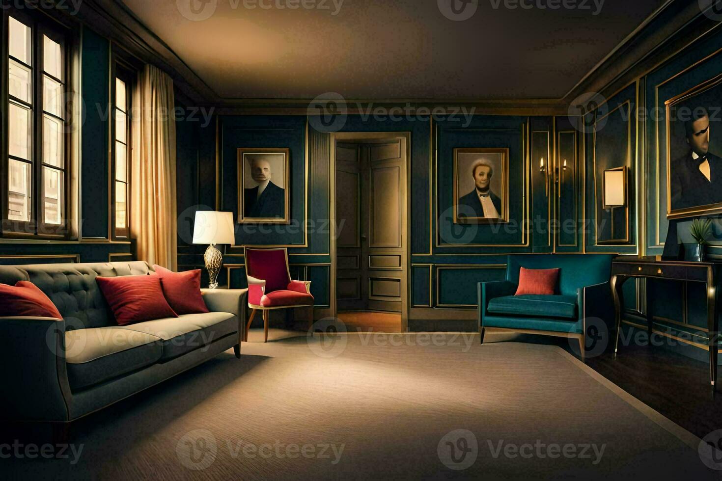 a room with blue walls and gold trim. AI-Generated photo
