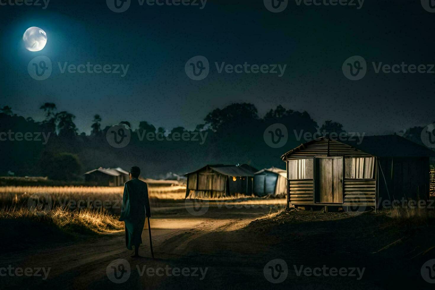 a man walks down a dirt road at night with a full moon in the background. AI-Generated photo