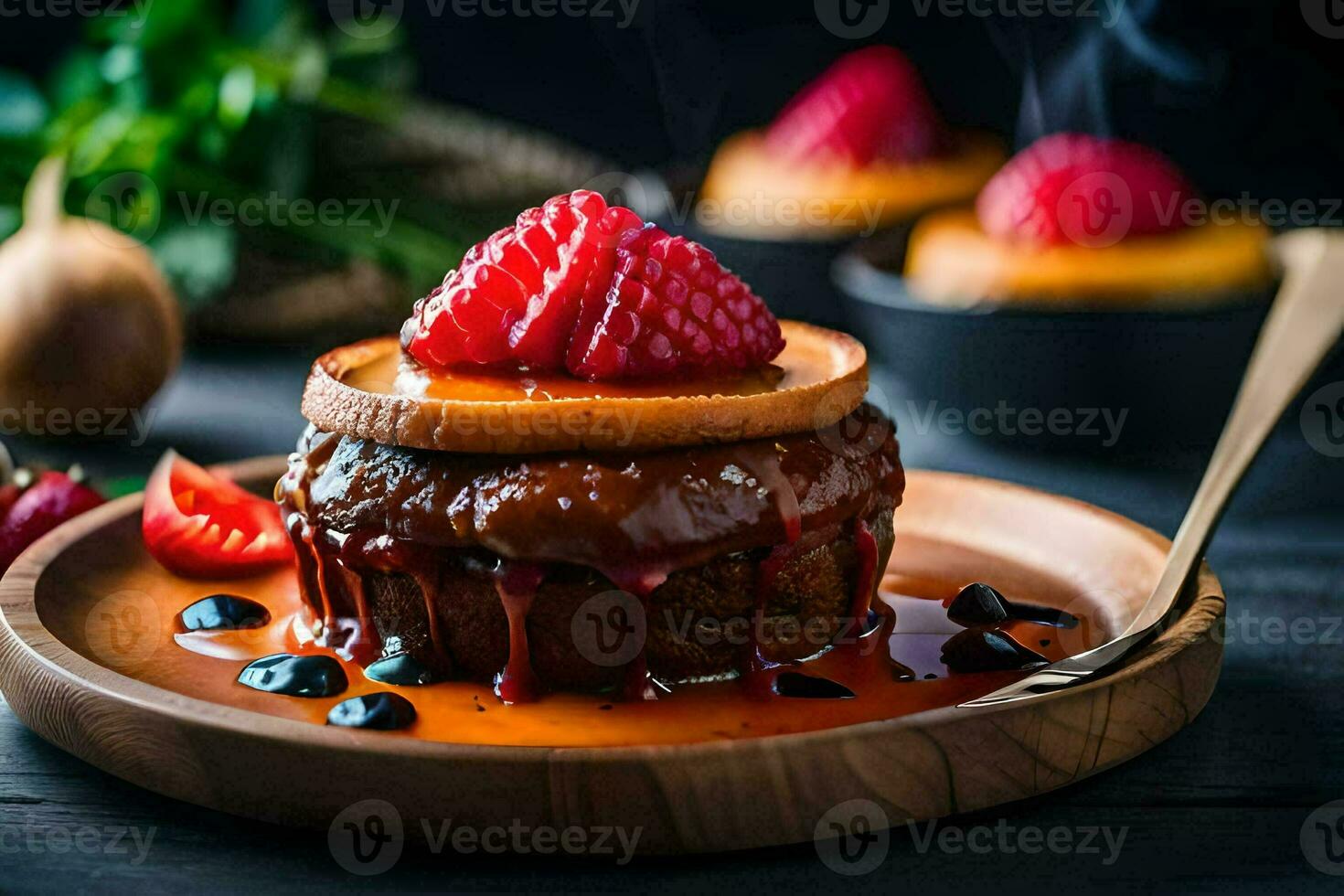 a dessert with strawberries and syrup on top. AI-Generated photo