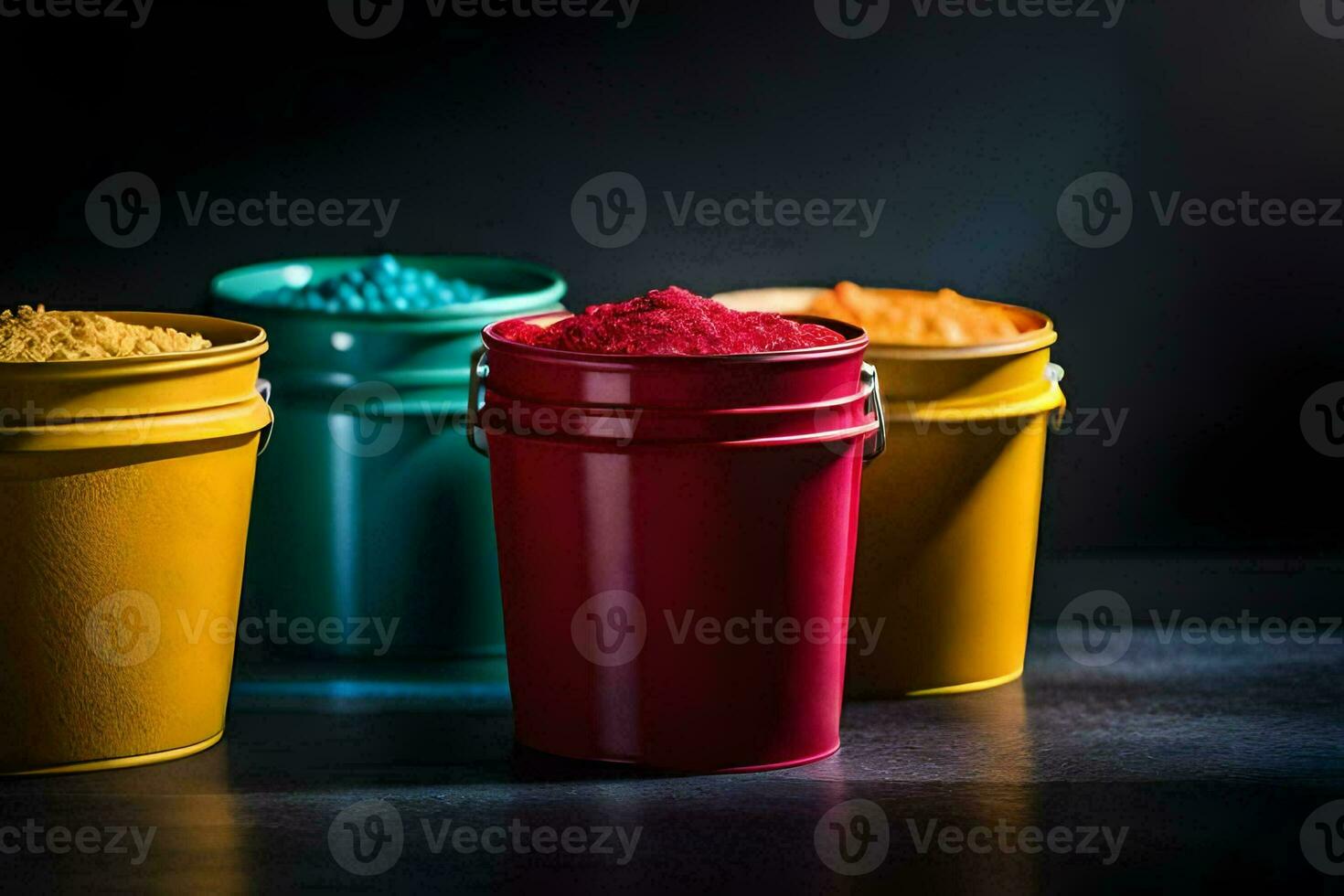 colorful buckets of paint on a dark background. AI-Generated photo