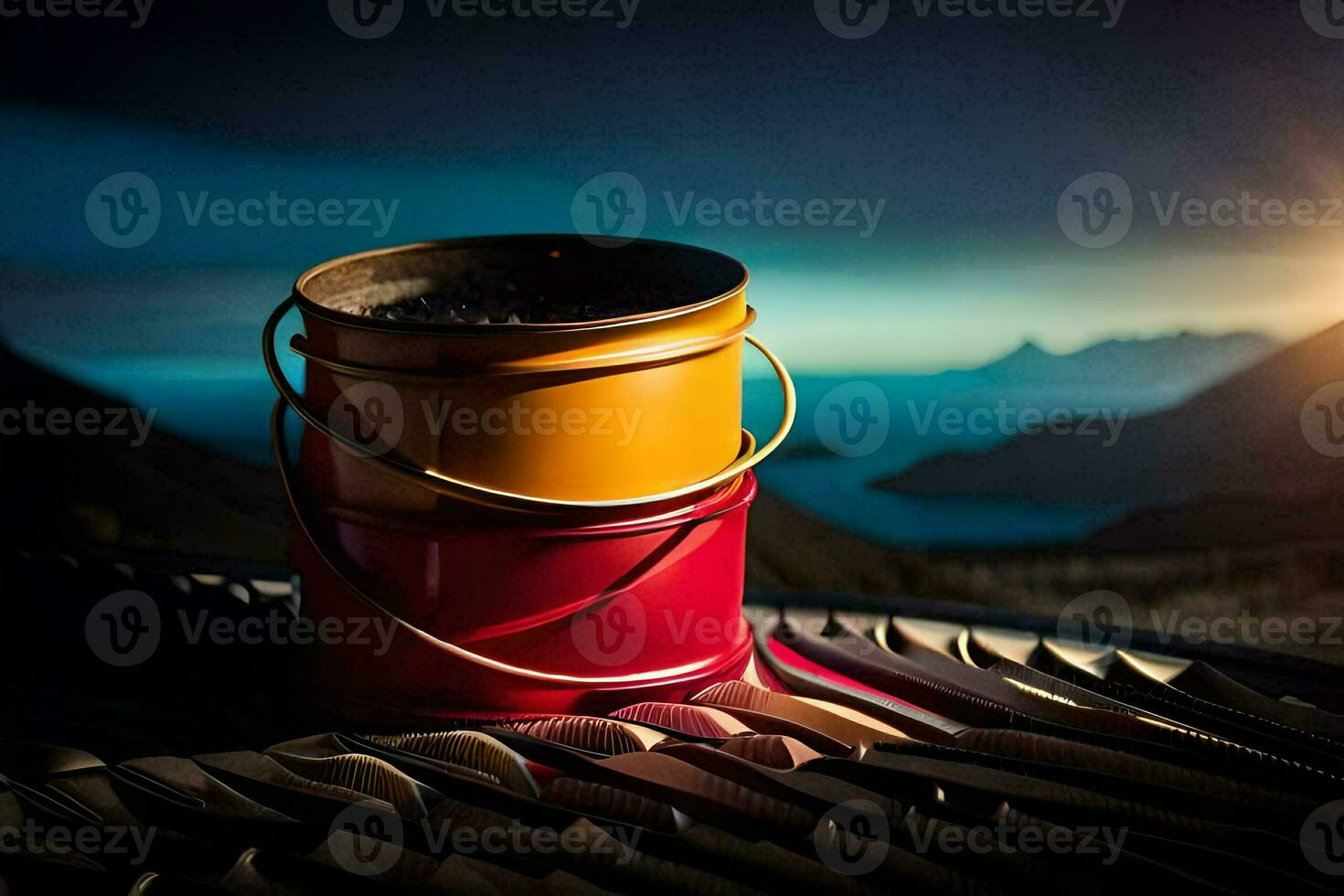 a red and yellow bucket sitting on top of a mountain. AI-Generated photo