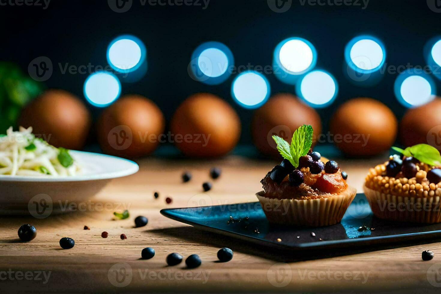 a plate with cupcakes and eggs on it. AI-Generated photo