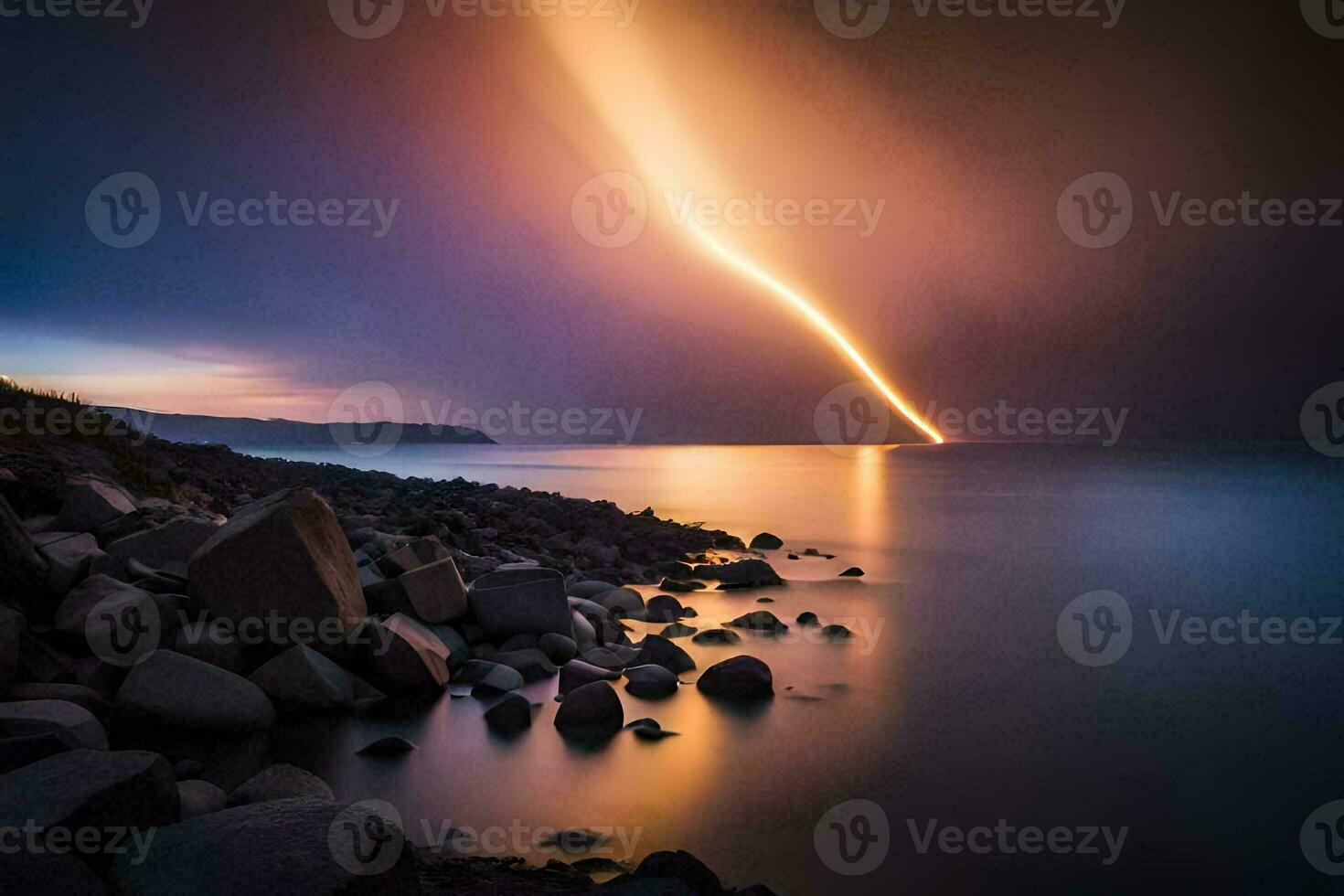 a long exposure photograph of a light trail over the ocean. AI-Generated photo