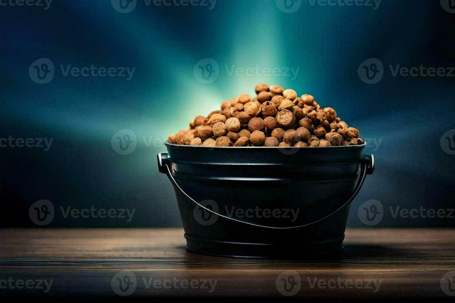 a bucket filled with peanuts on a table. AI-Generated photo