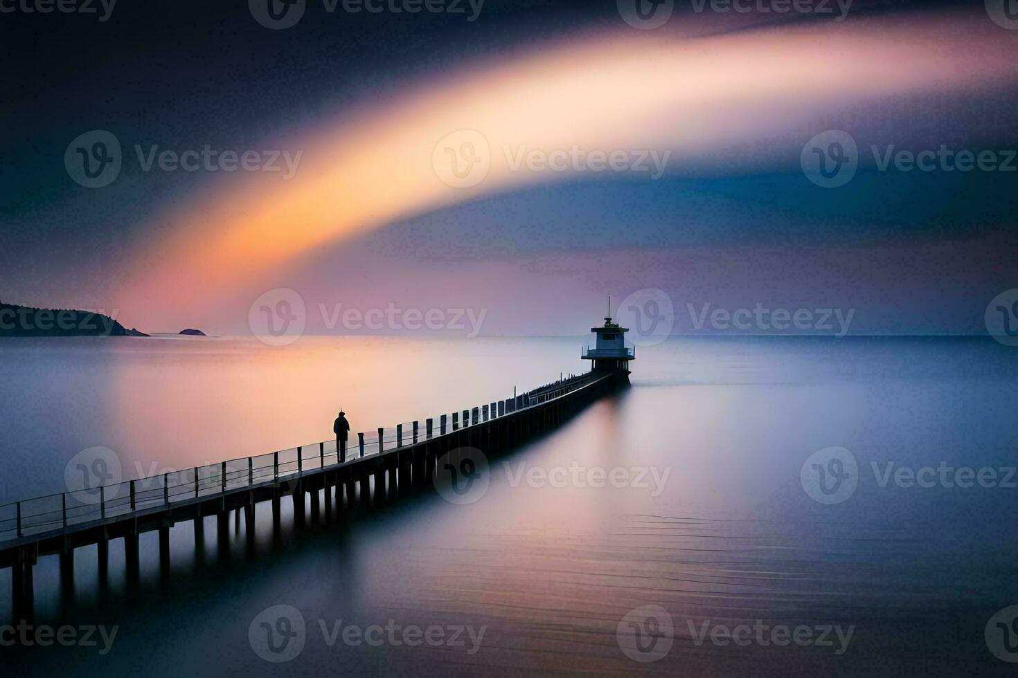 a man stands on a pier looking at the sunset. AI-Generated photo