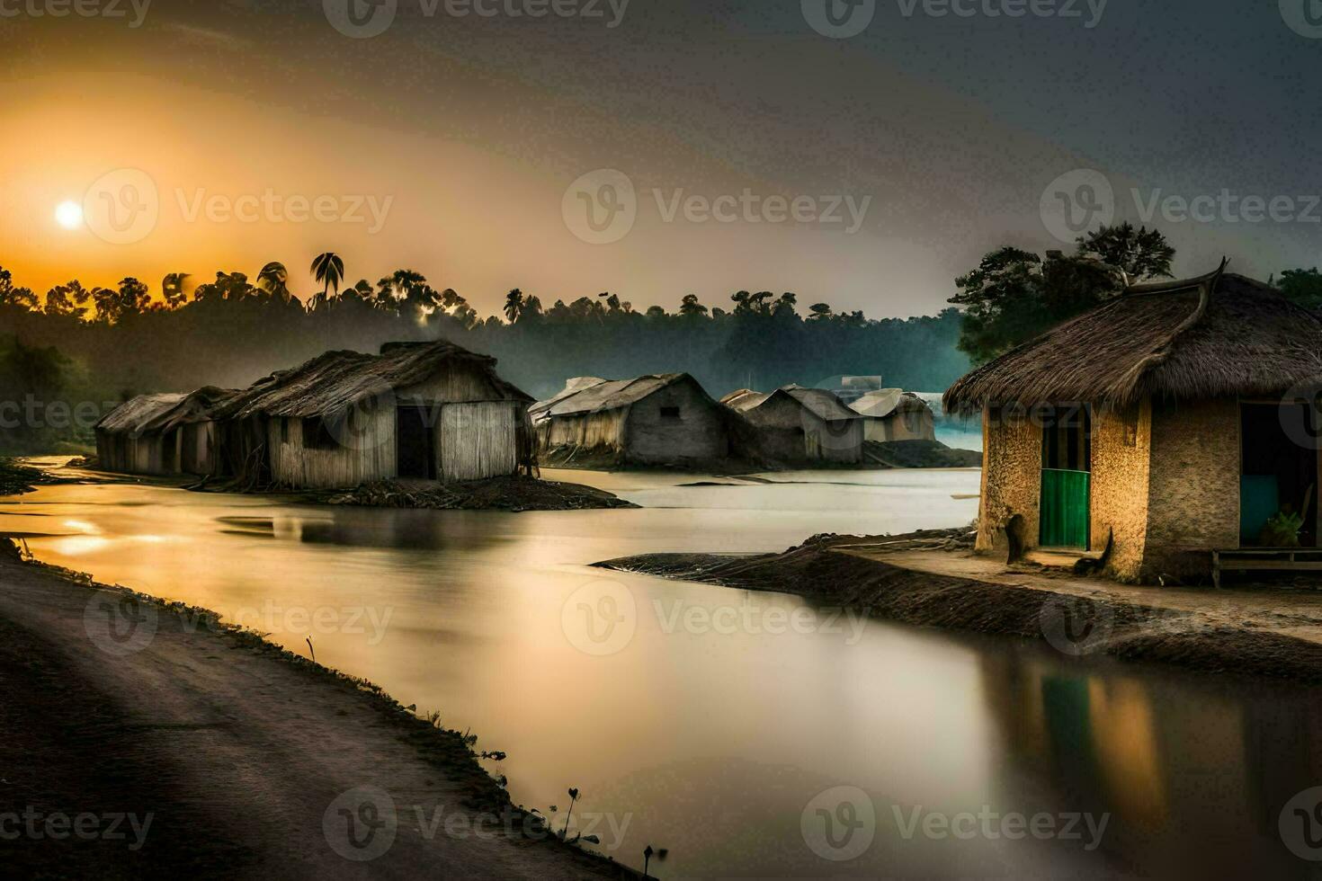 un río con casas y un choza a puesta de sol. generado por ai foto