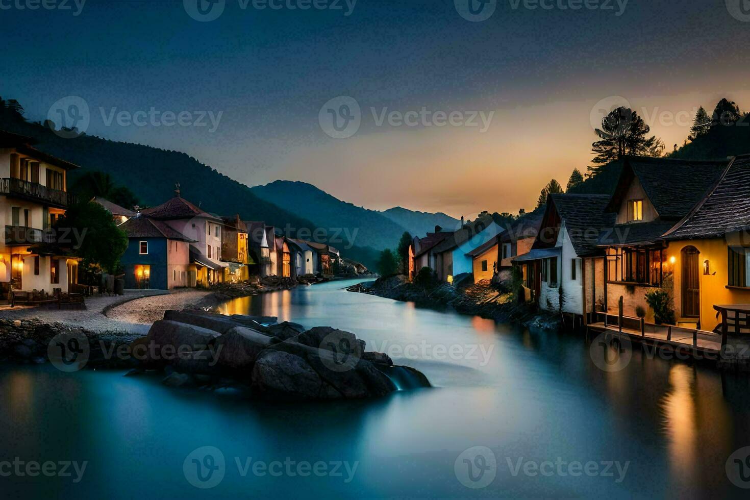 a river runs through a town at dusk. AI-Generated photo