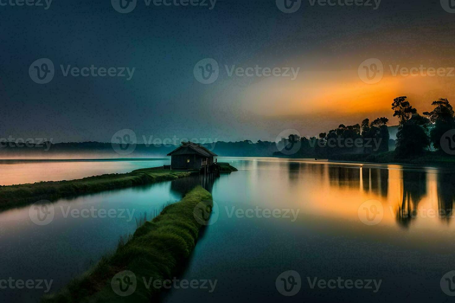 a long exposure photograph of a house on the water at sunset. AI-Generated photo