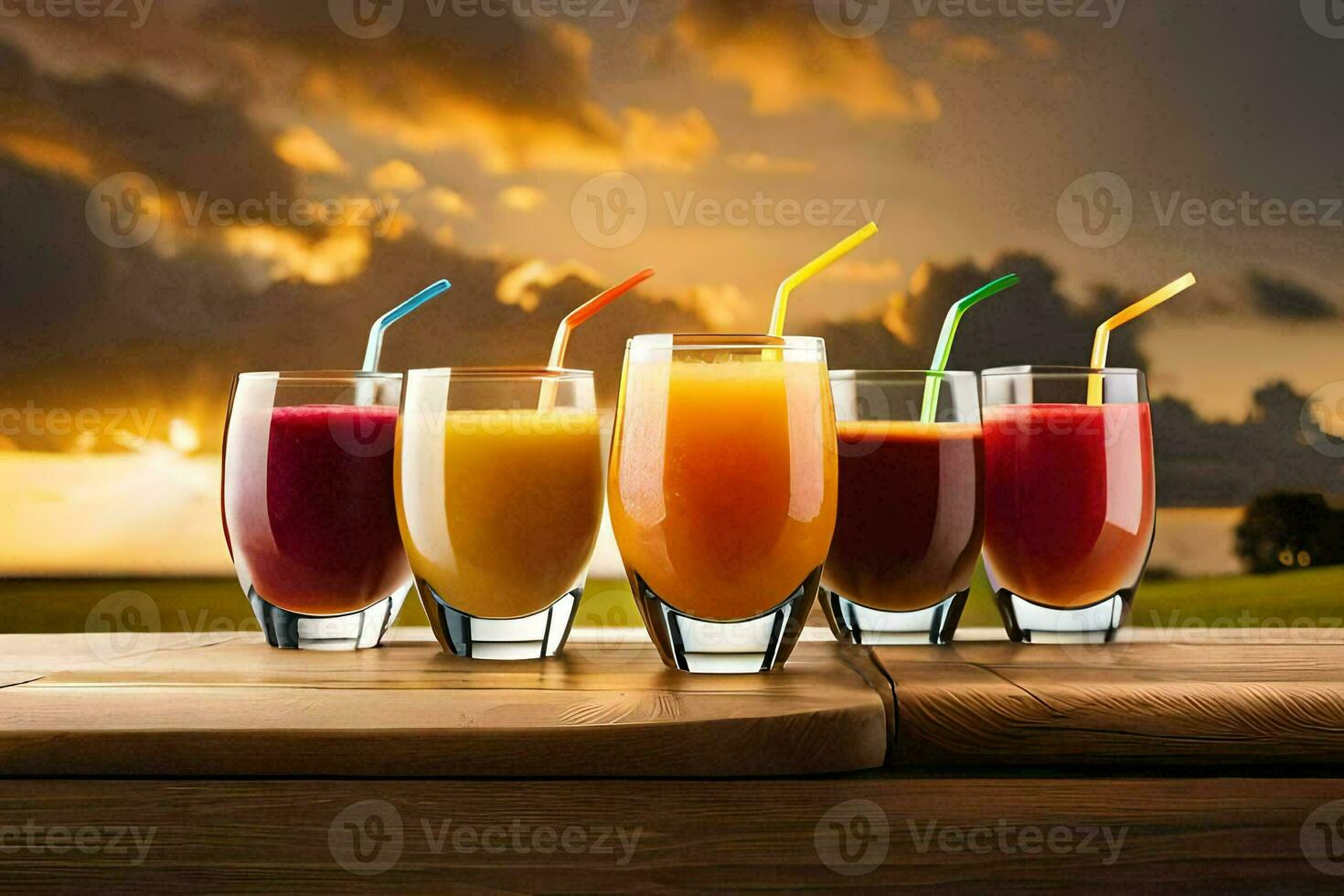 five glasses of juice on a table with a sunset in the background. AI-Generated photo