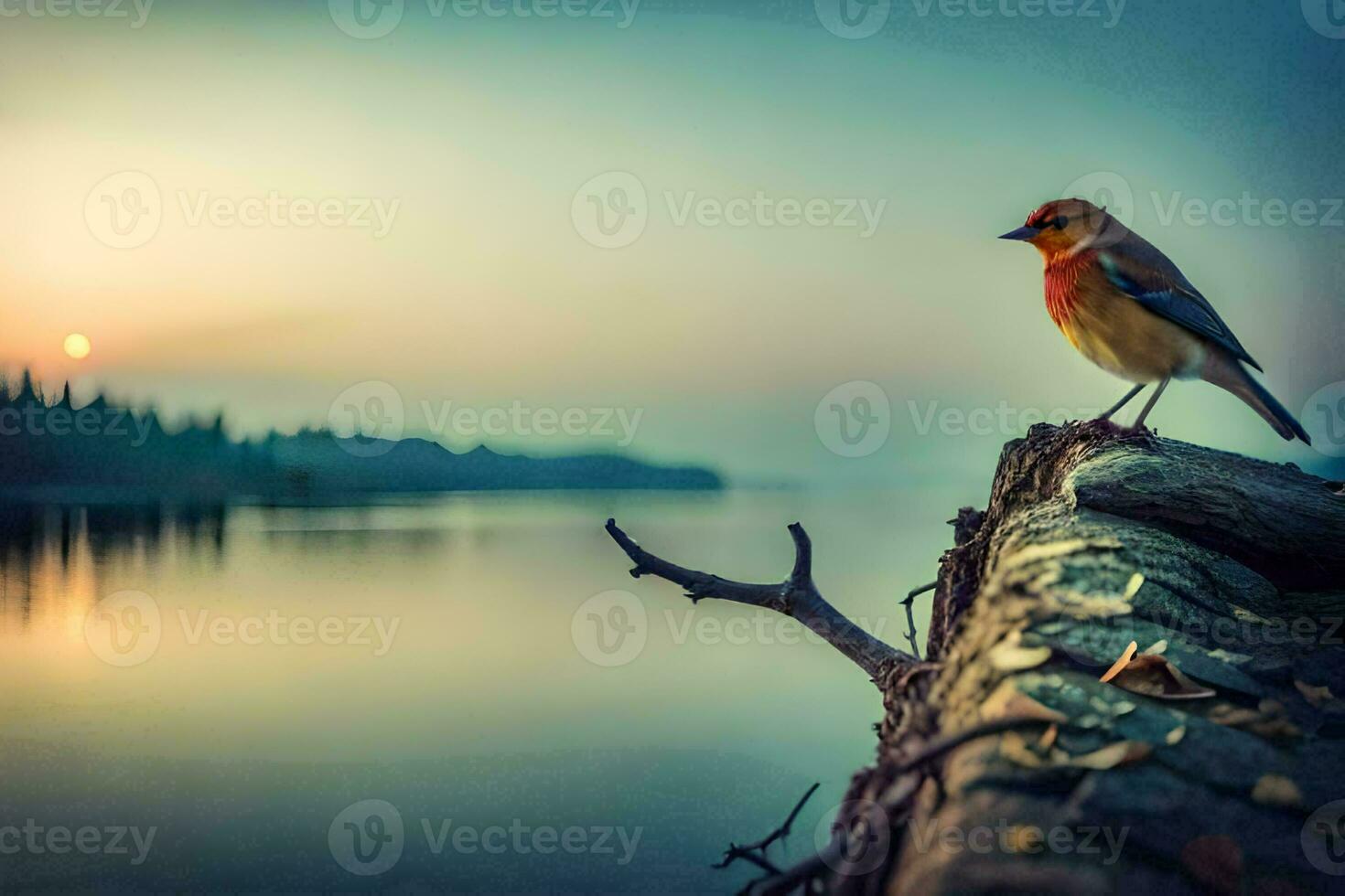 a bird sits on a log near the water at sunset. AI-Generated photo