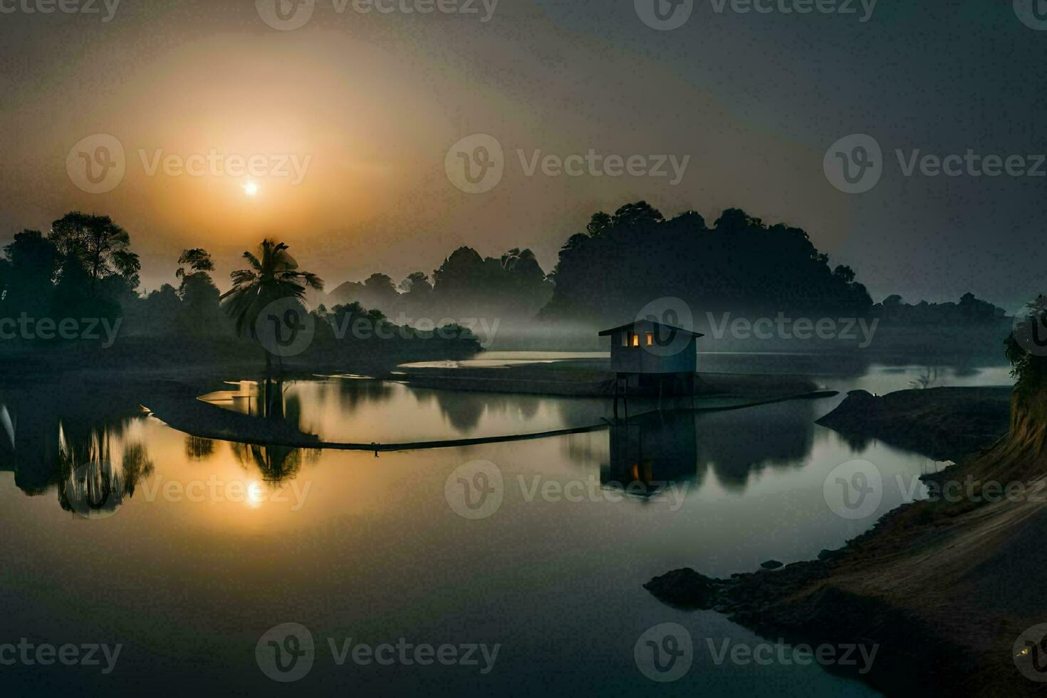 el Dom sube terminado un pequeño casa en el borde de un lago. generado por ai foto