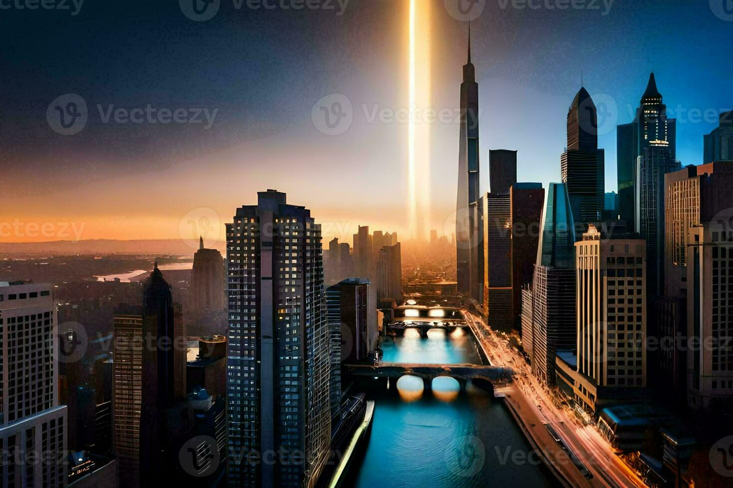 the city skyline is lit up by a light beam. AI-Generated photo