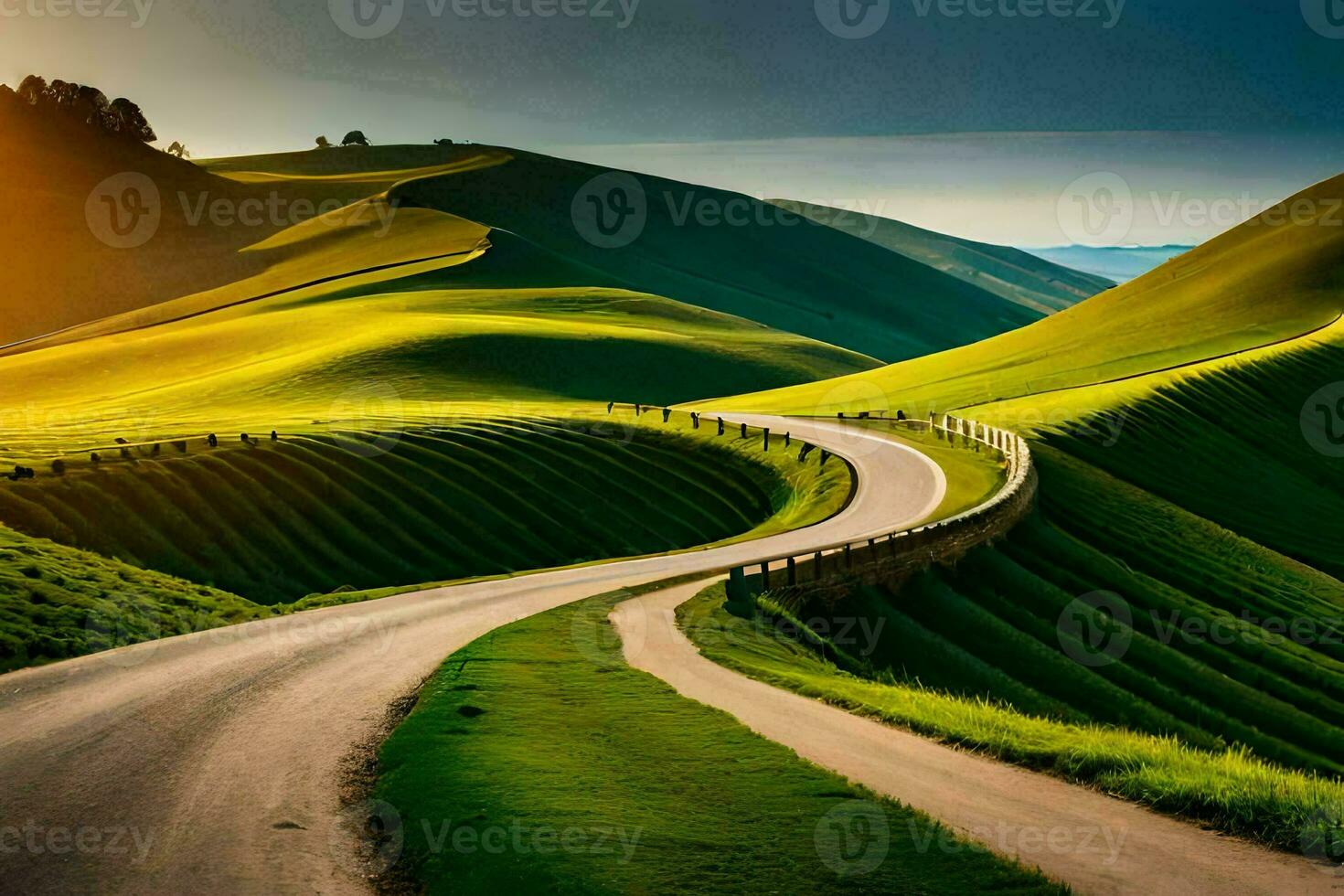 a winding road in the middle of green hills. AI-Generated photo