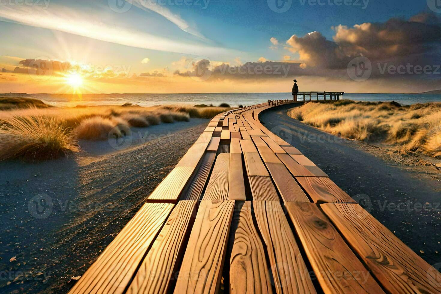 a wooden walkway leads to the ocean at sunset. AI-Generated photo