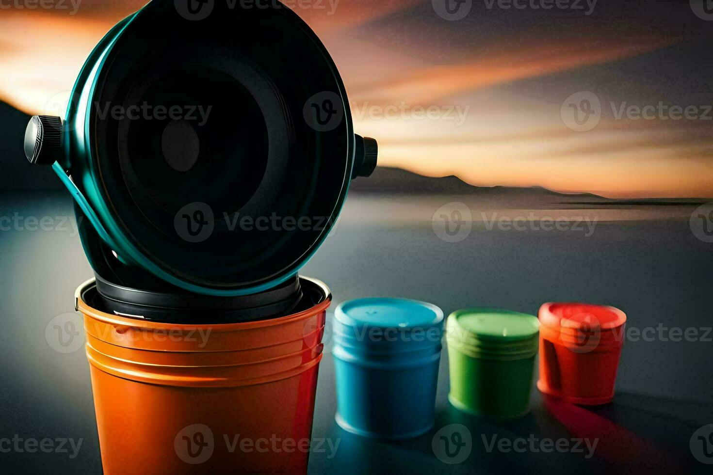 a colorful bucket with a speaker on top. AI-Generated photo
