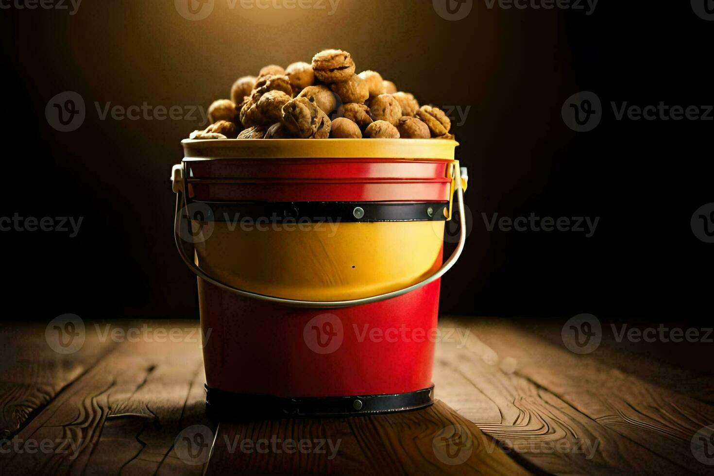 a bucket filled with nuts on a wooden table. AI-Generated photo