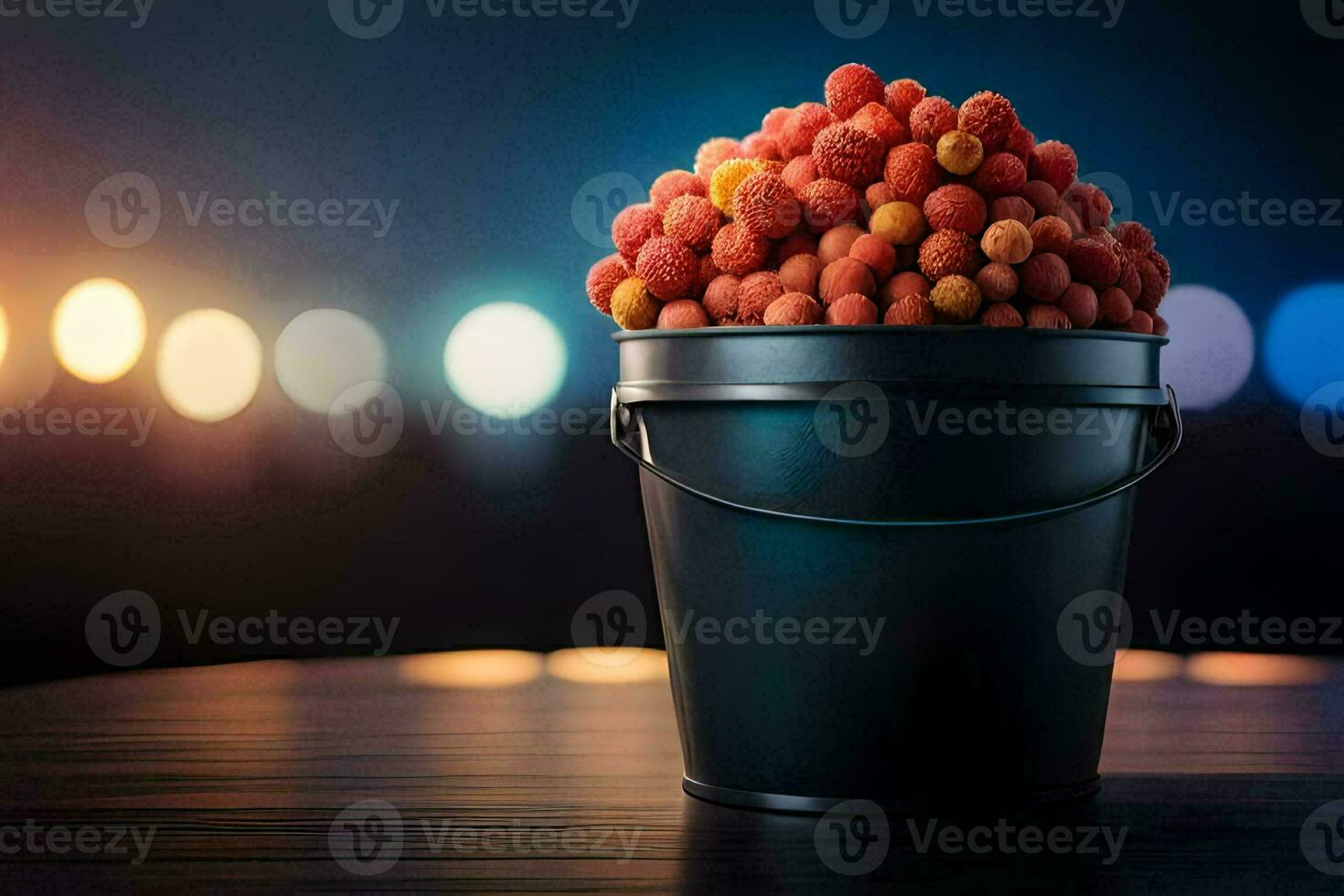 a bucket filled with red berries on a table. AI-Generated photo