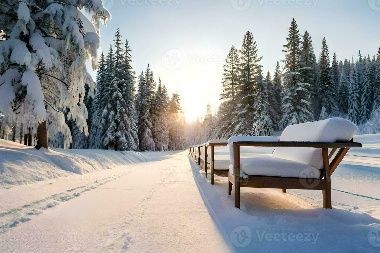 a bench is lined up in the snow with trees in the background. AI-Generated photo