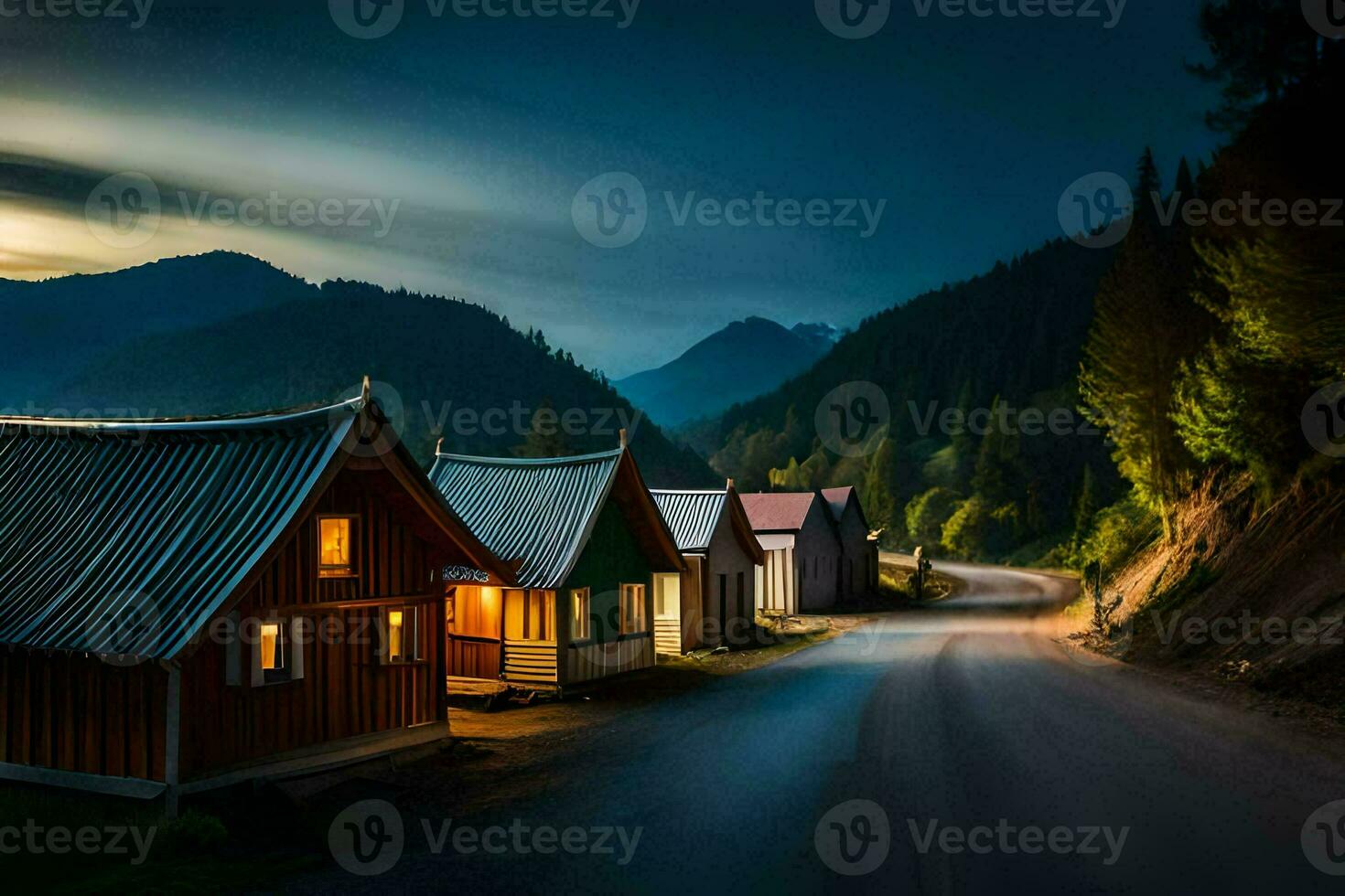 a road in the mountains with houses on either side. AI-Generated photo
