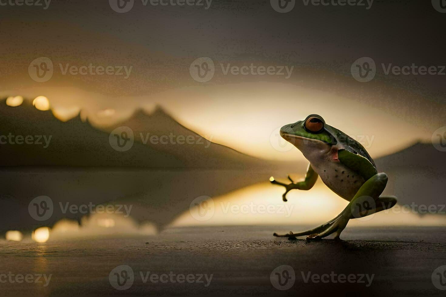 a frog is standing on the edge of a lake. AI-Generated photo