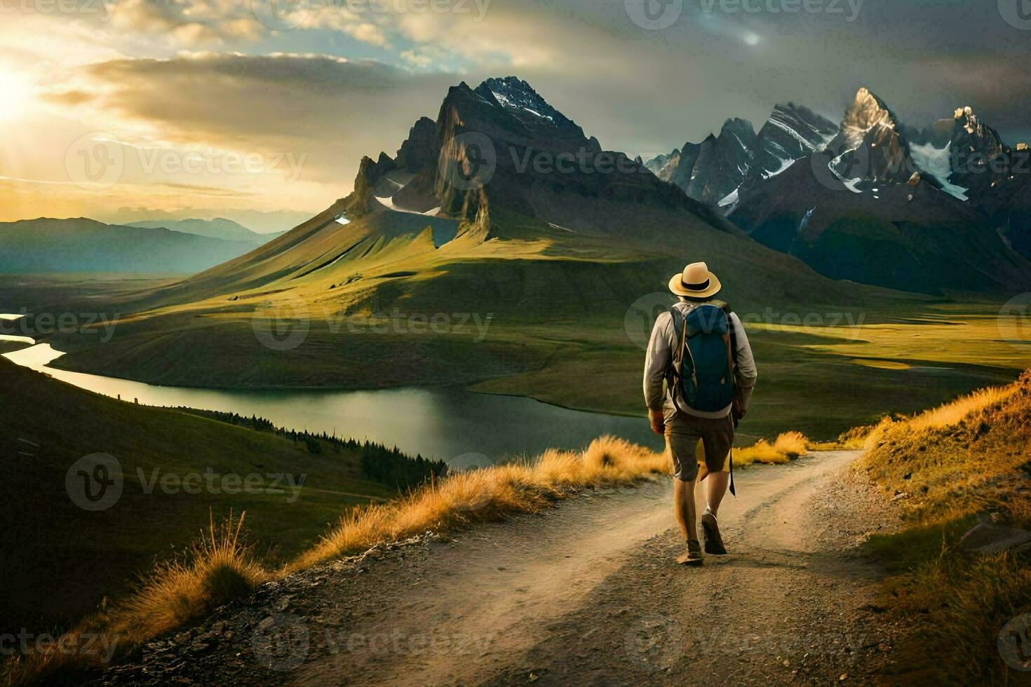 a man with a backpack walks down a dirt road in the mountains. AI-Generated photo