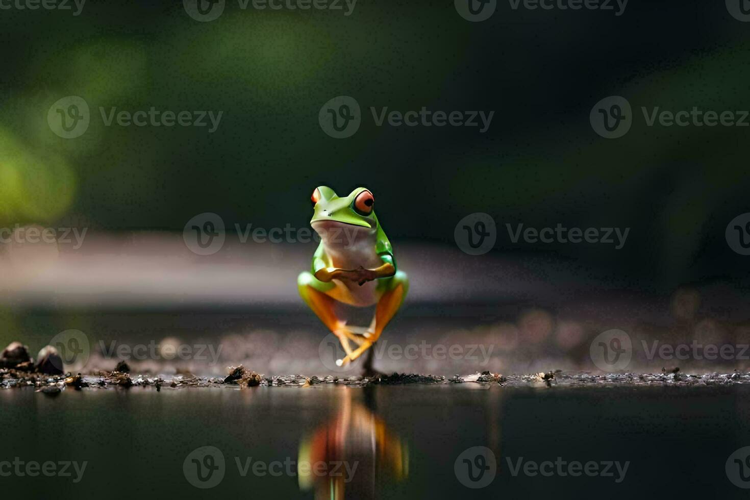 a frog sitting on the ground in the water. AI-Generated photo
