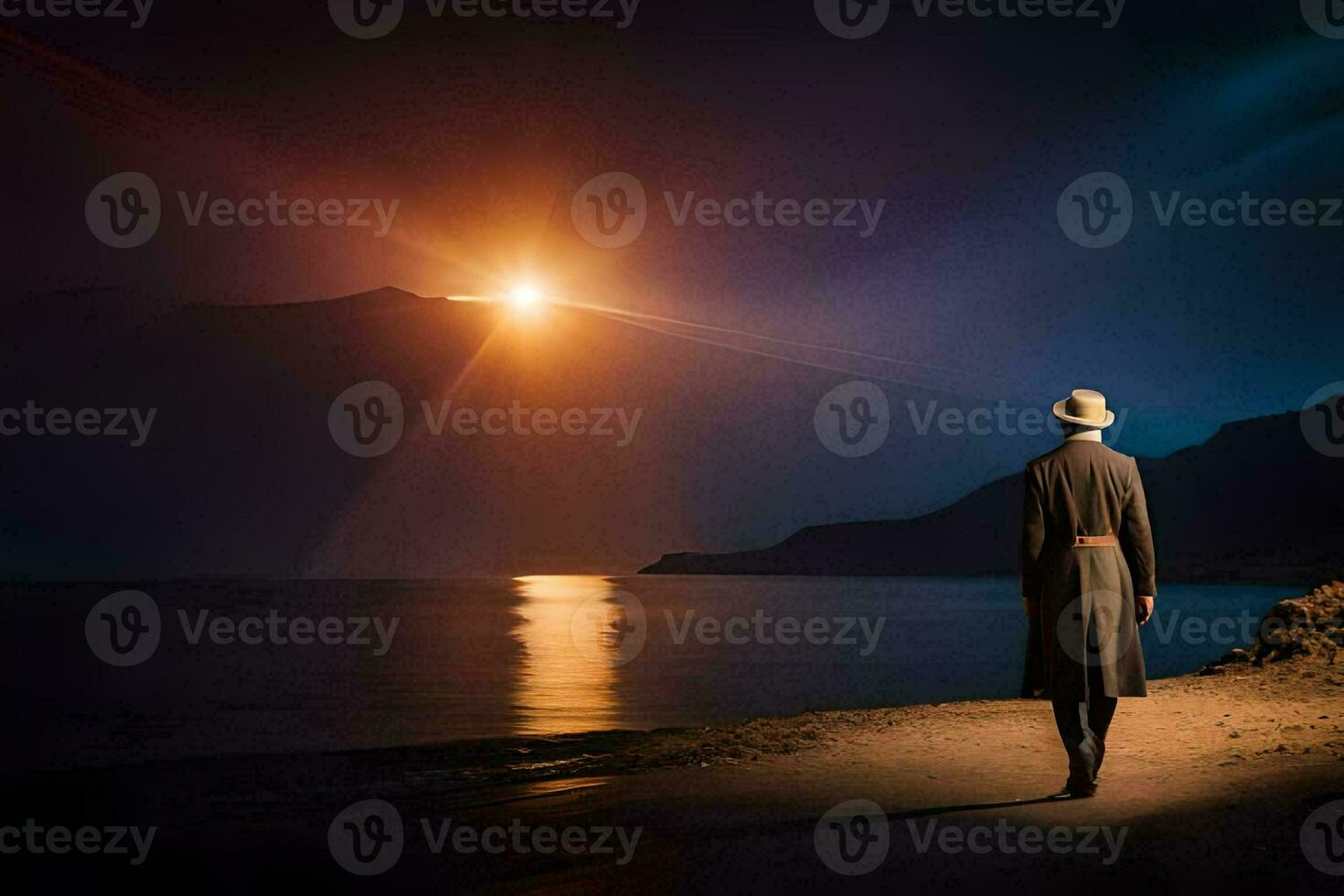 a man in a hat and coat walks along the beach at night. AI-Generated photo