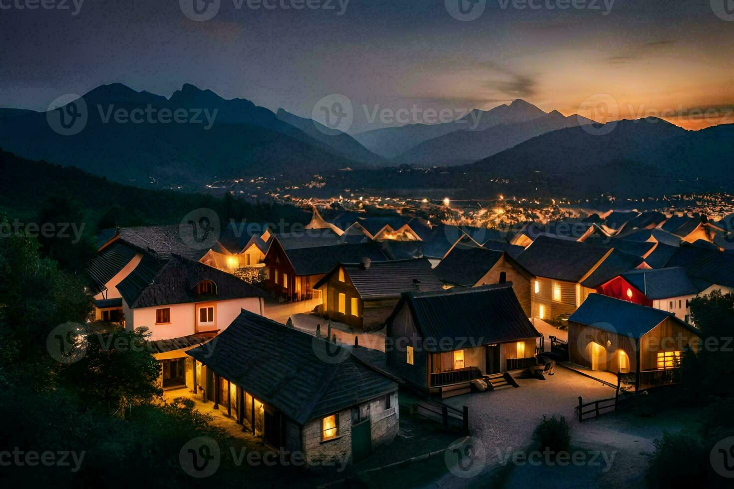 a village at dusk with mountains in the background. AI-Generated photo