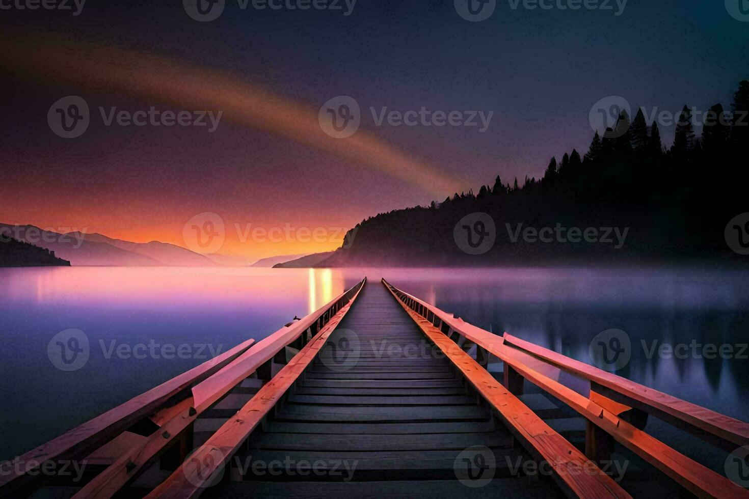 a wooden pier with a rainbow in the sky. AI-Generated photo