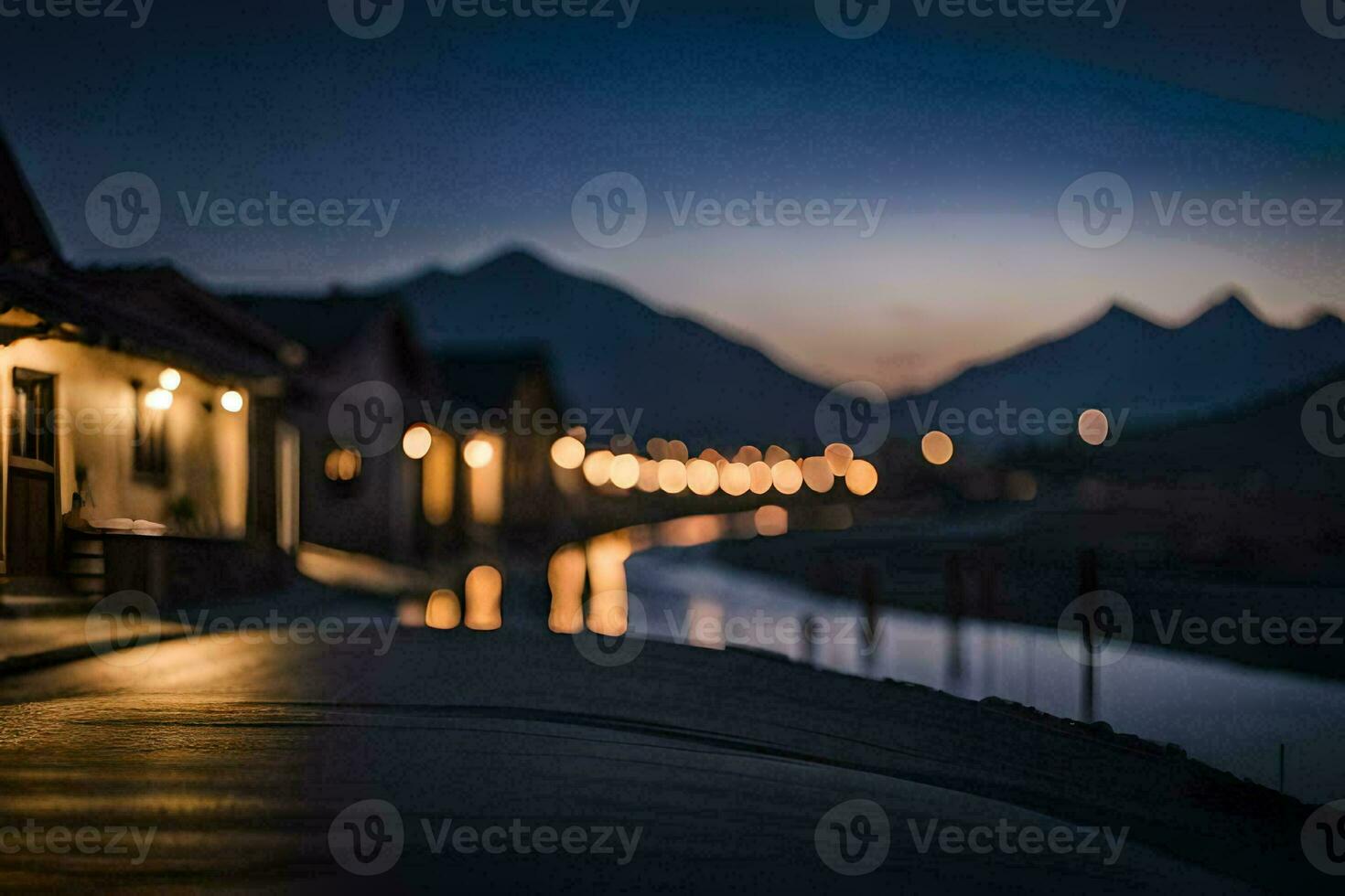 a street at night with lights on the buildings. AI-Generated photo