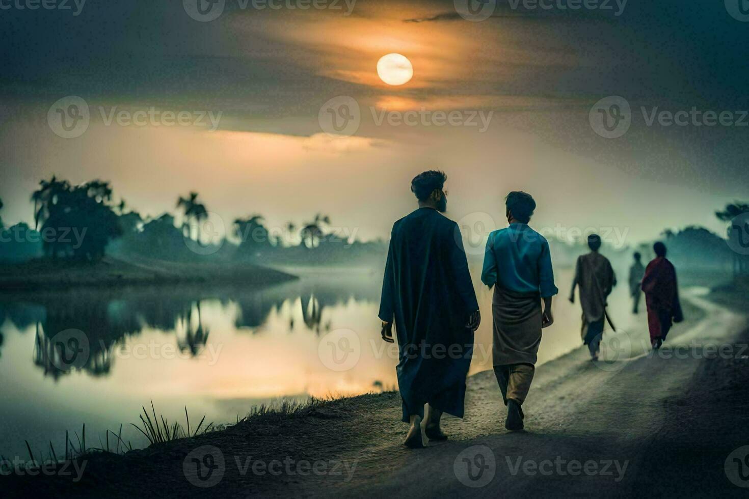 Tres hombres caminando a lo largo un la carretera cerca un río. generado por ai foto