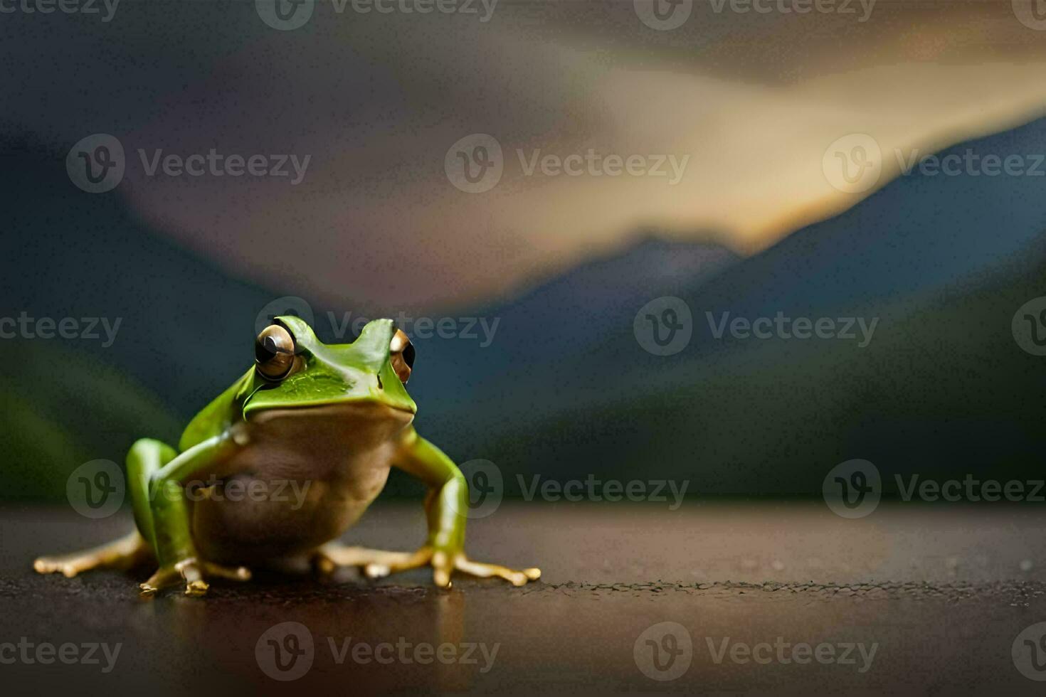 a frog sitting on a table in front of a mountain. AI-Generated photo
