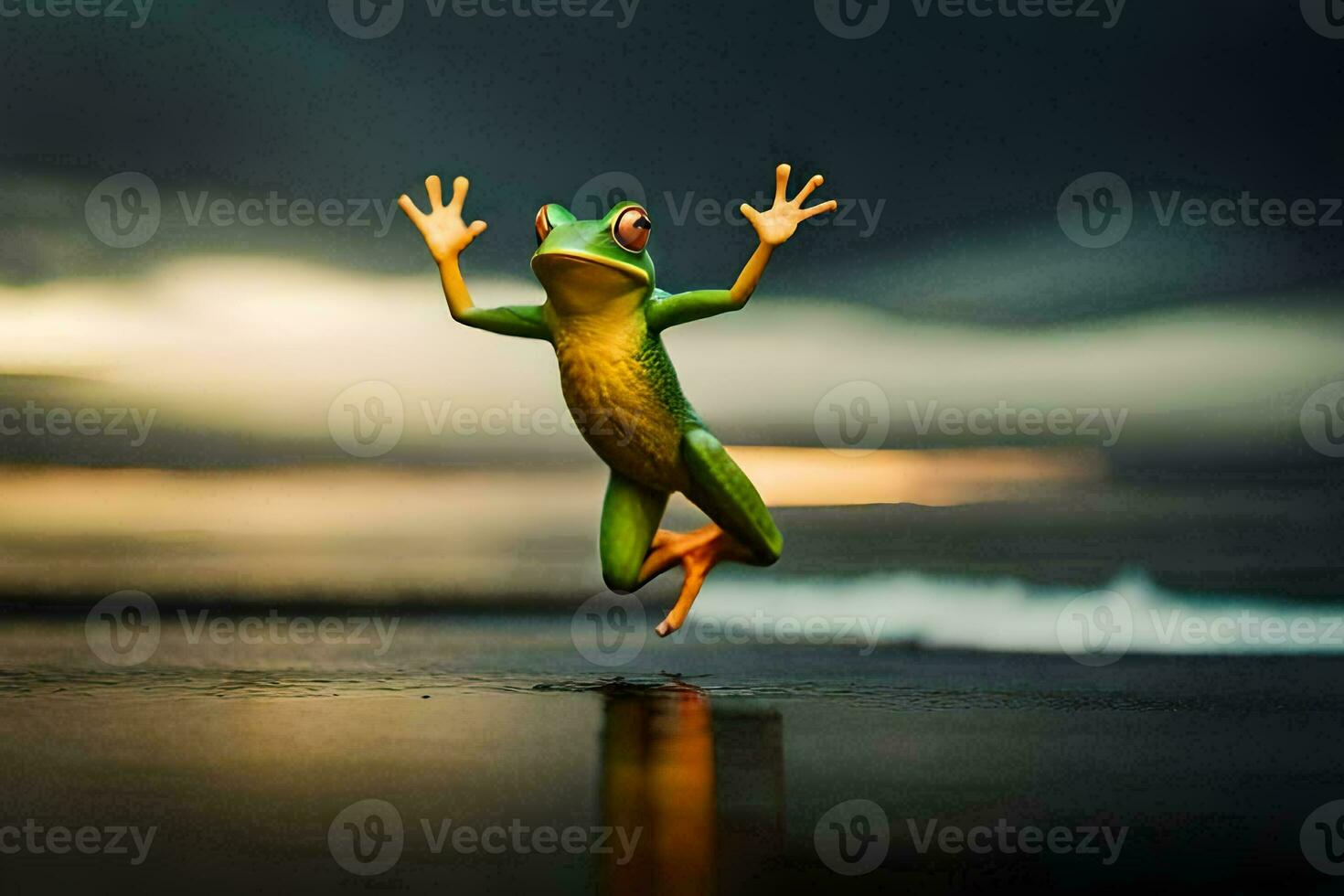 a frog jumping on the beach with its arms outstretched. AI-Generated photo