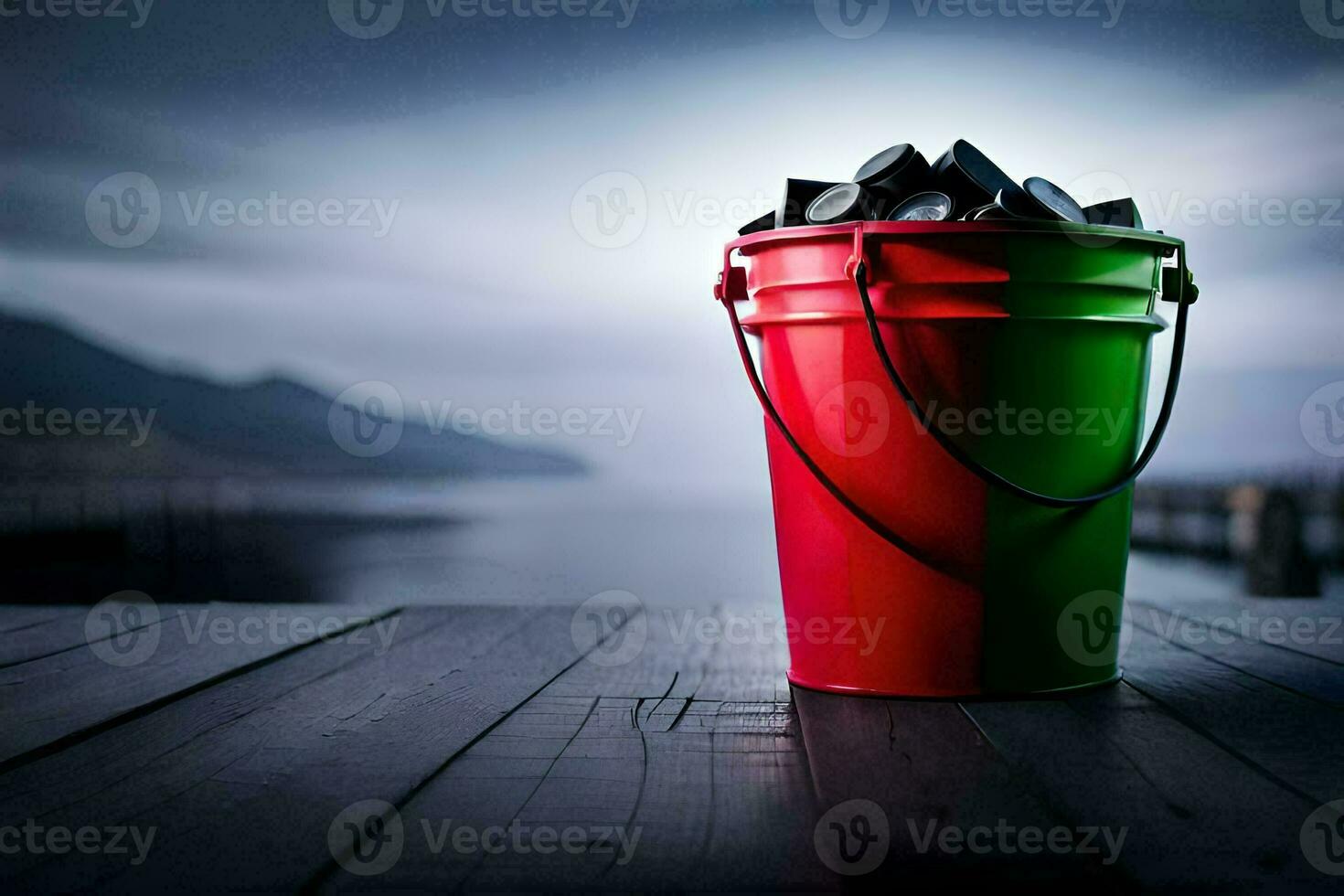 a bucket of coal on a wooden deck. AI-Generated photo