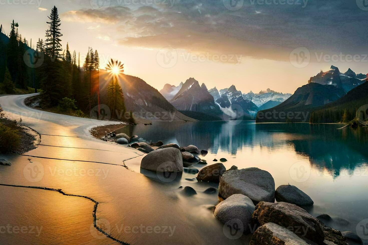 the sun sets over a lake and mountains. AI-Generated photo