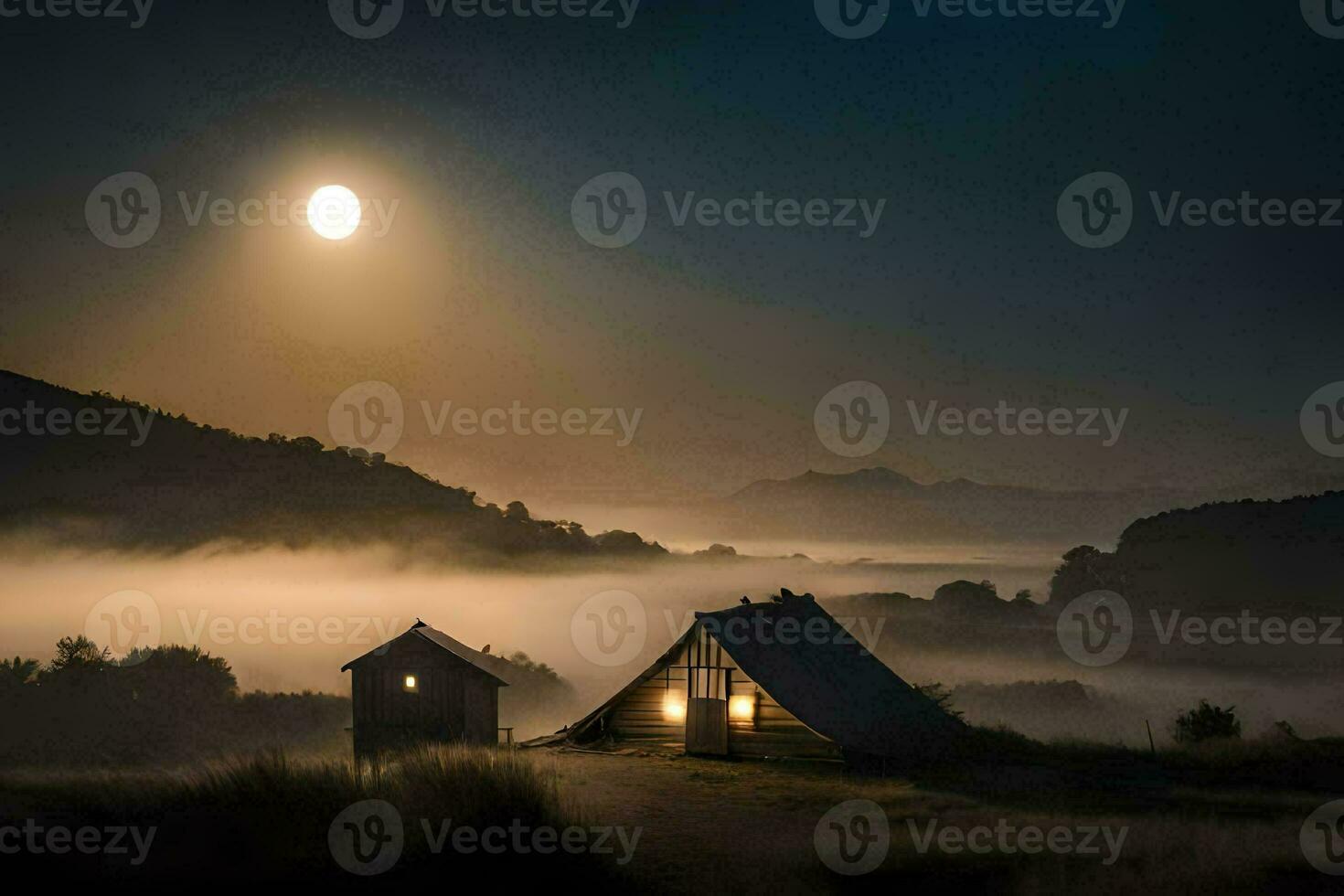 photo wallpaper the moon, fog, the sky, the mountains, the moon, the fog,. AI-Generated