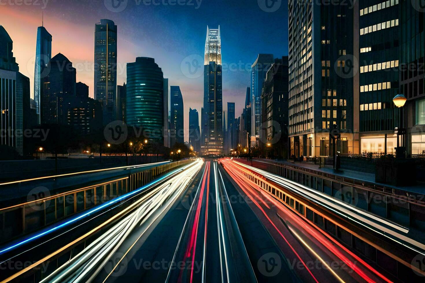 a city street at dusk with light trails of cars. AI-Generated photo