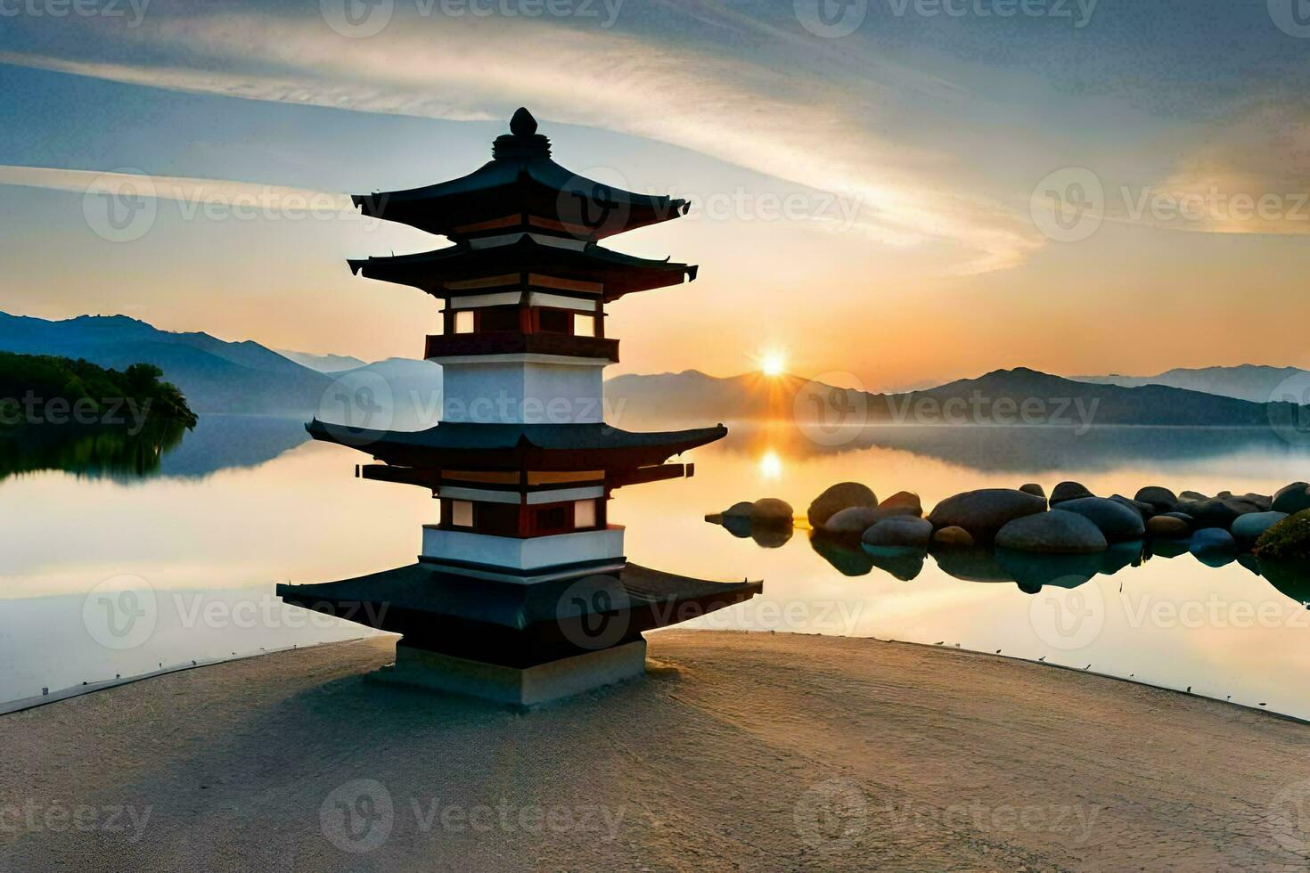 a pagoda stands in the middle of a lake at sunset. AI-Generated photo