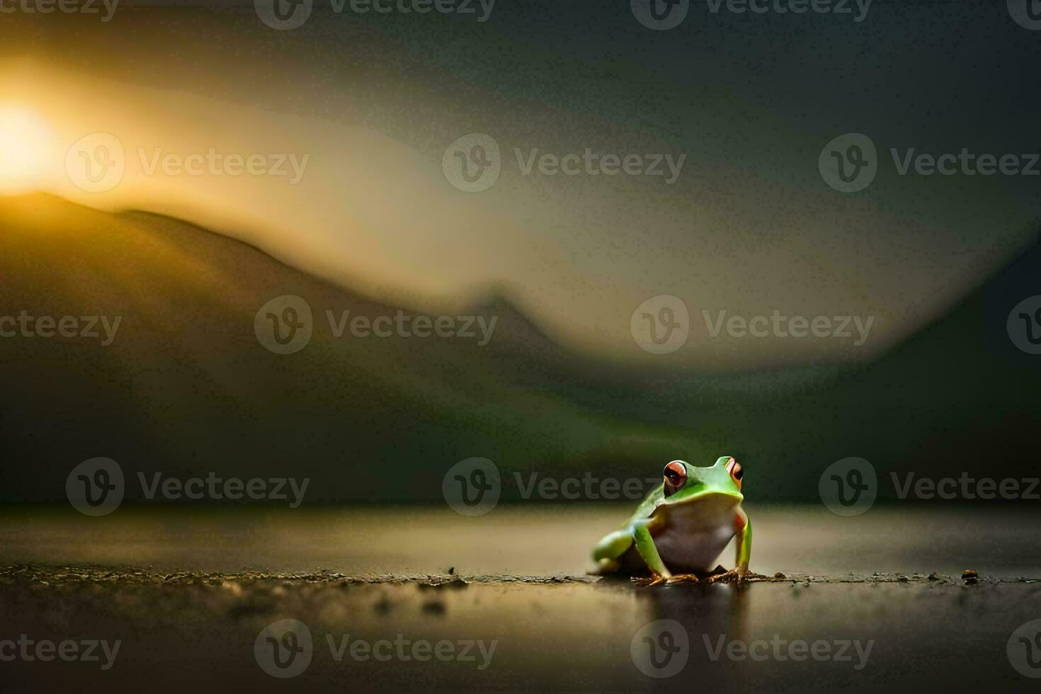 a frog sitting on the ground in front of a lake. AI-Generated photo