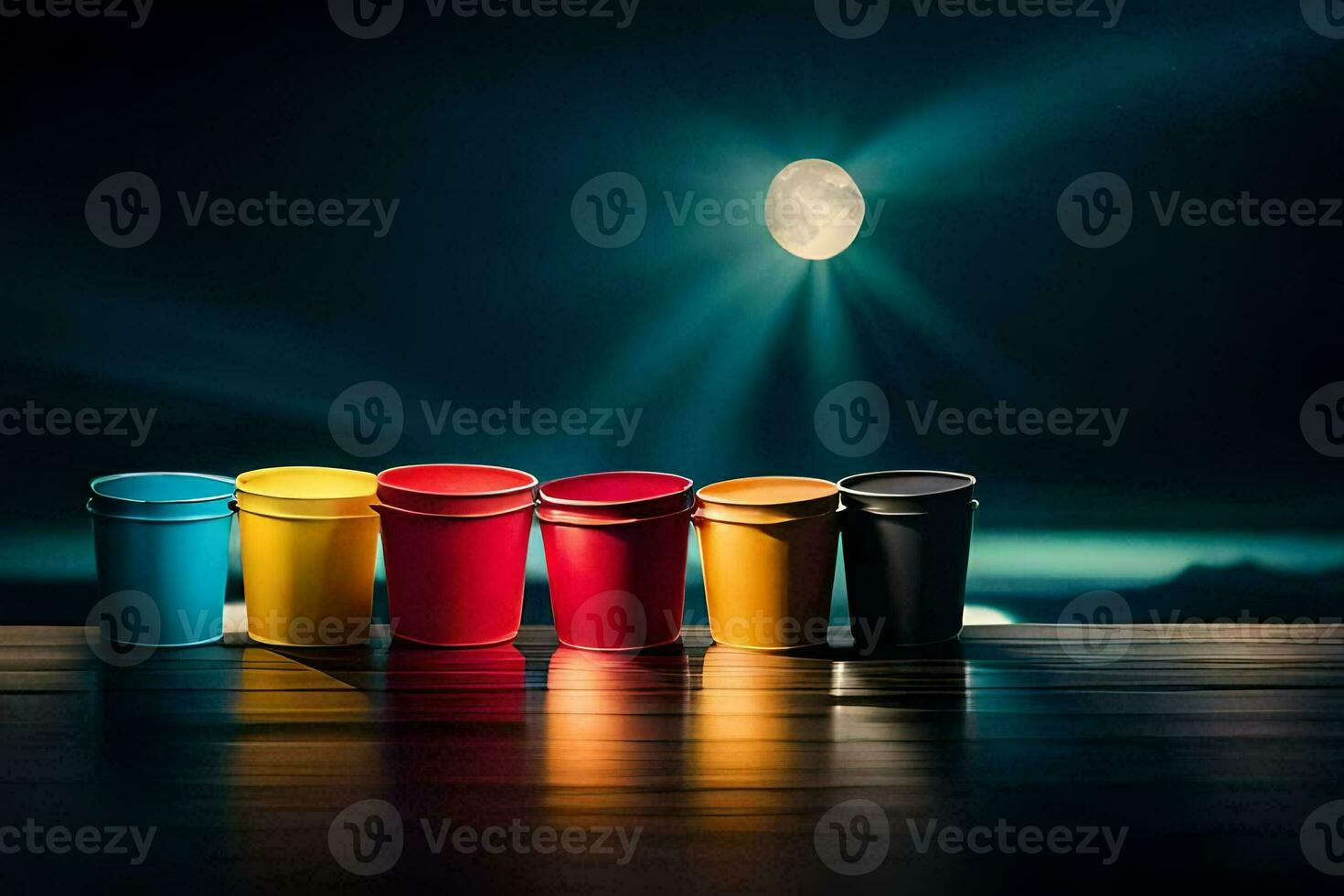 colorful cups lined up on a wooden table with a full moon in the background. AI-Generated photo