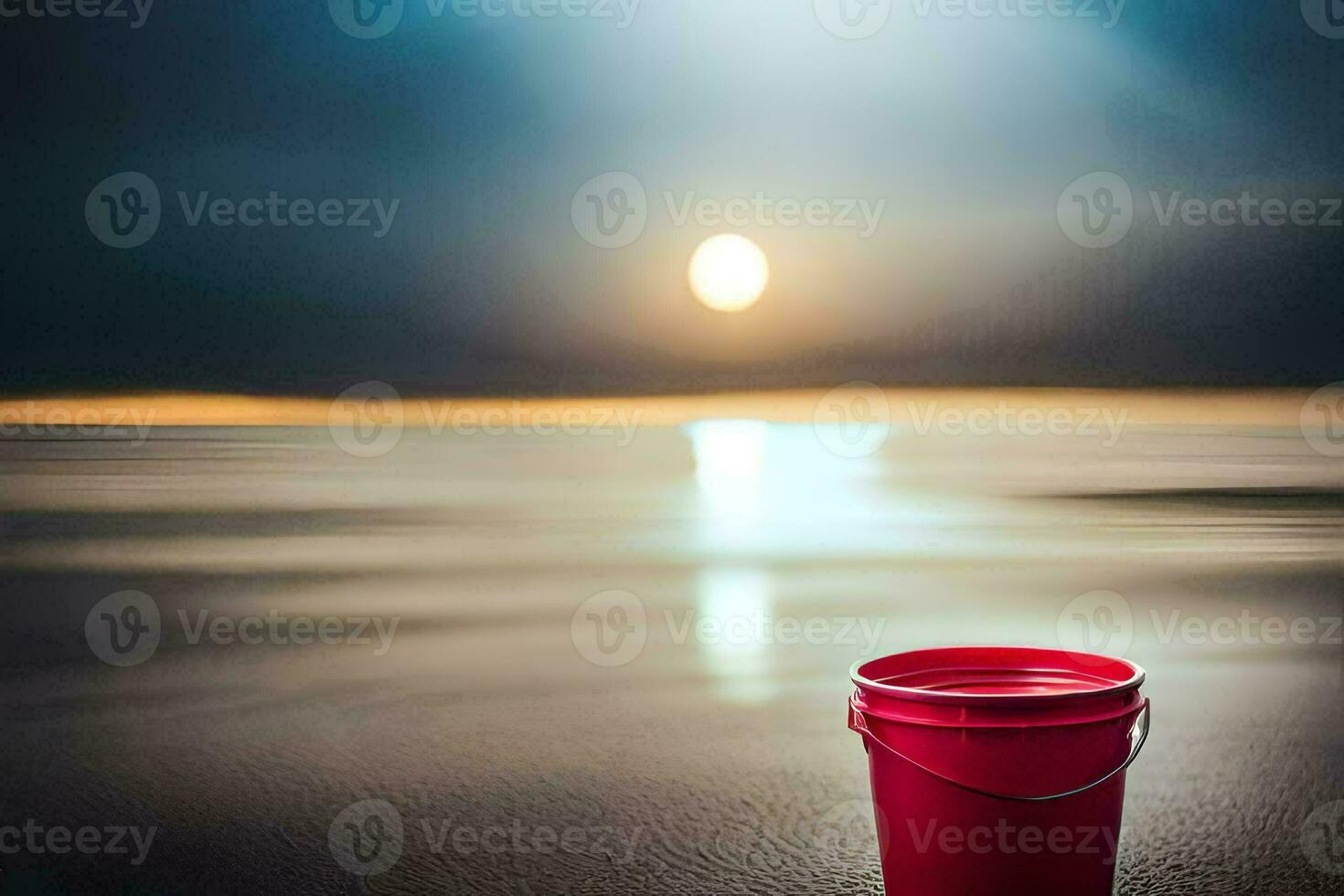a red bucket on the beach at night. AI-Generated photo